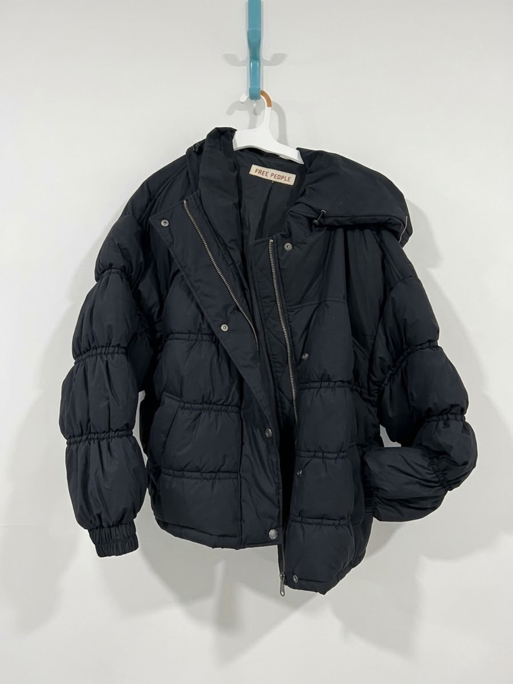 Free People Party Of One Solid Puffer Hooded Jacket Black XL